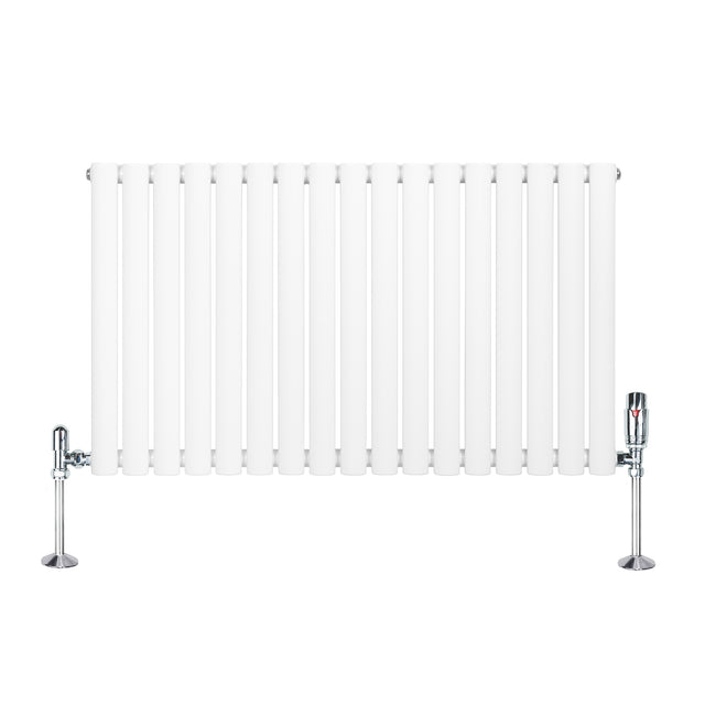 Radiatore orizzontale a colonna singola, bianco, con finitura liscia e valvole cromate, dimensioni 600 x 1020 mm, elegante e moderno