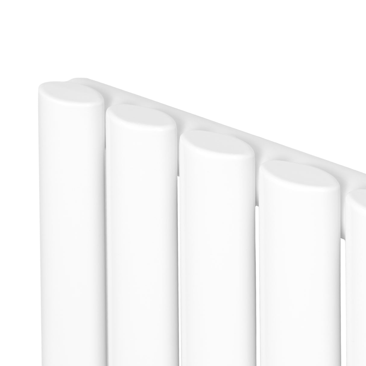 Radiatore ovale a colonna singola orizzontale bianco, dimensioni 600 x 1020 mm, con finitura liscia e valvole integrate per un design elegante