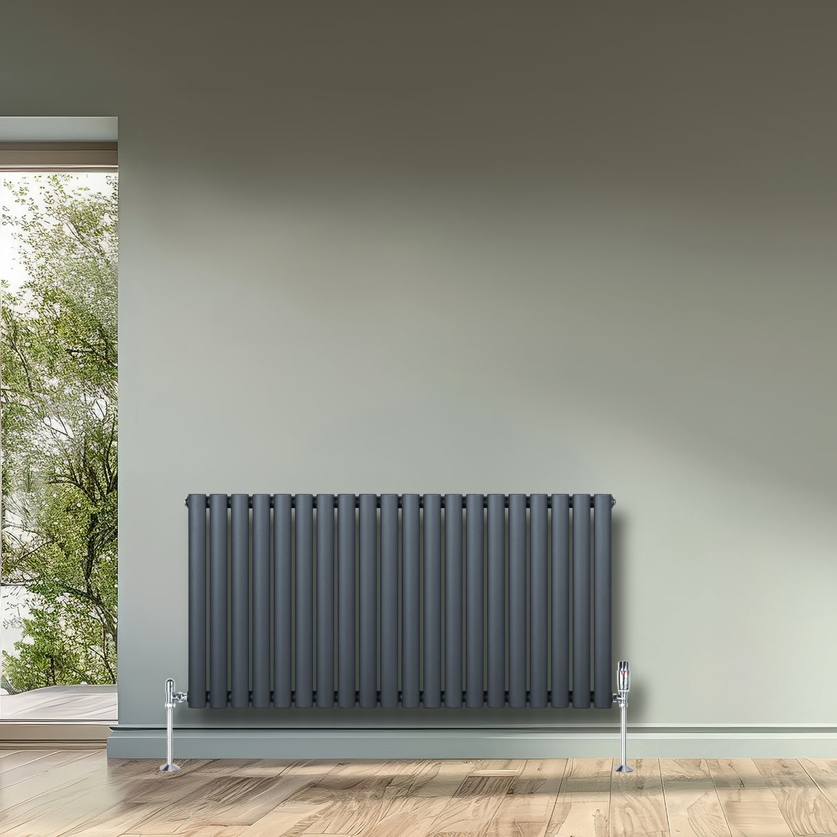 Radiatore Ovale a Colonna Singola Orizzontale con Valvole 600 x 1200 mm Antracite