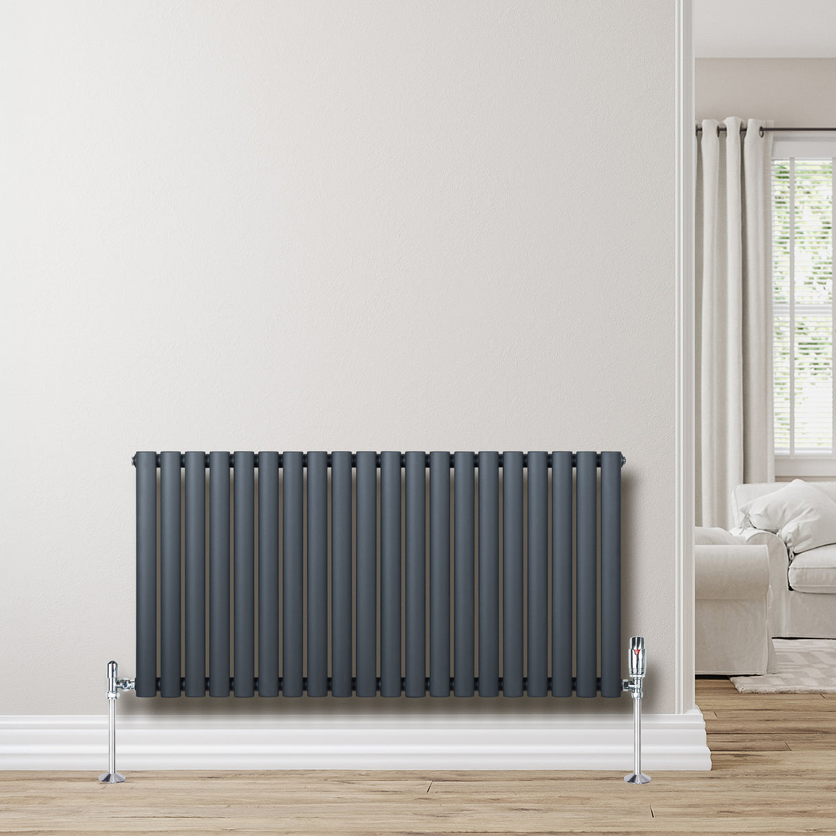 Radiatore Ovale a Colonna Singola Orizzontale con Valvole 600 x 1200 mm Antracite