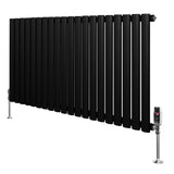 Radiatore ovale a colonna singola orizzontale, 600 x 1200 mm, finitura nera opaca, con valvole metalliche lucide ai lati