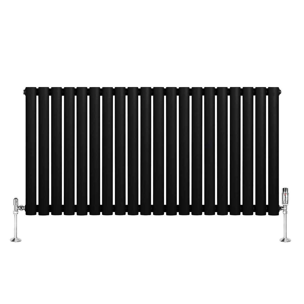 Radiatore orizzontale a colonna singola, 600 x 1200 mm, finitura nera opaca, con valvole cromate ai lati per un design elegante