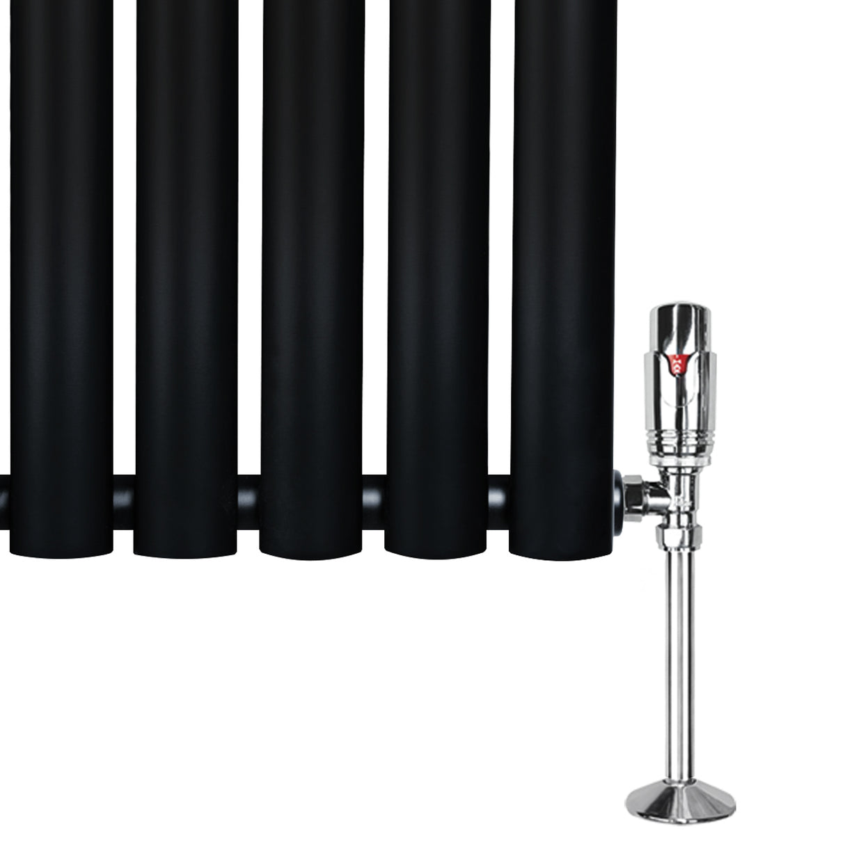Radiatore ovale a colonna singola orizzontale, 600 x 1200 mm, finitura nera opaca con valvole cromate lucide e design elegante