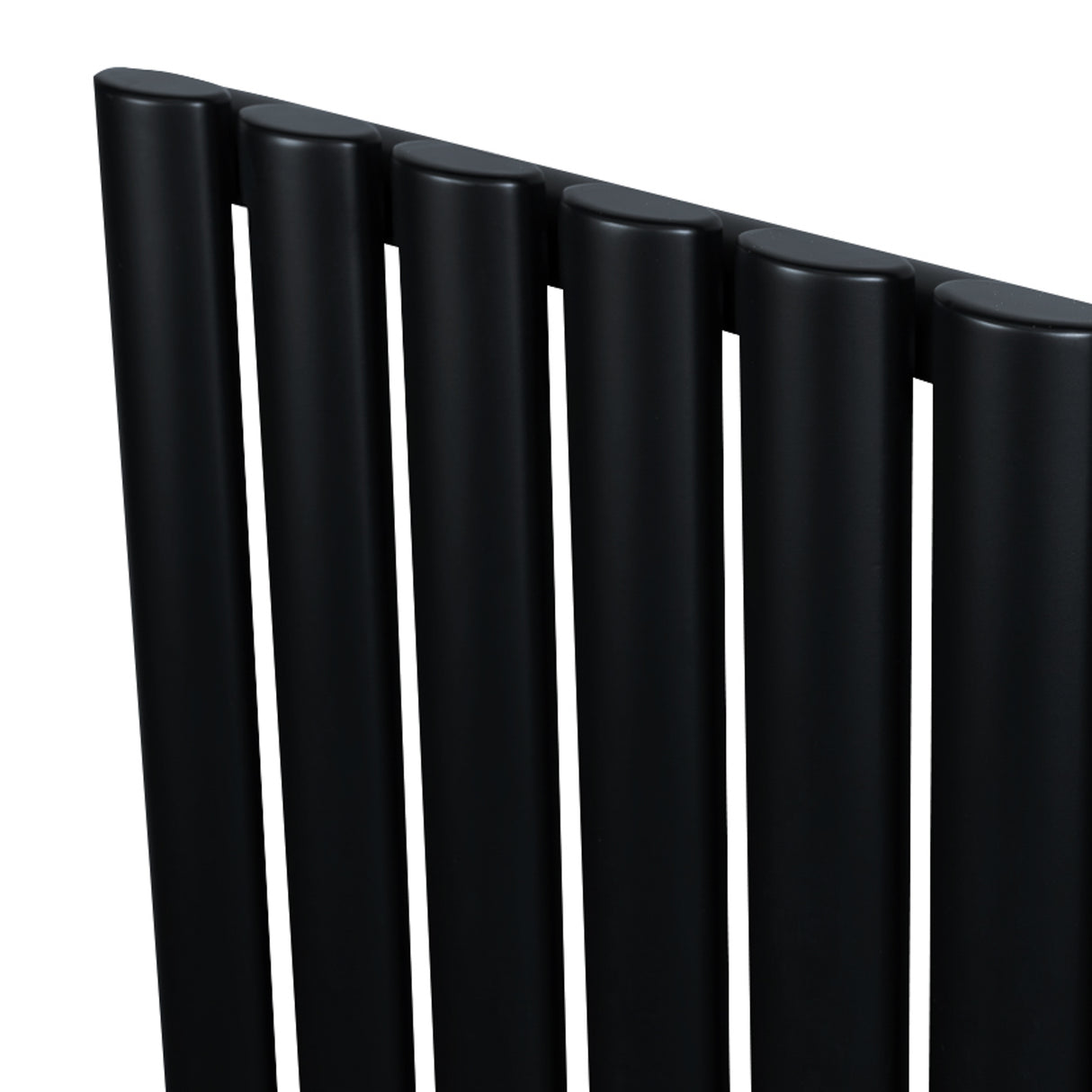 Radiatore ovale a colonna singola orizzontale, finitura nera opaca, con sei tubi verticali e valvole integrate, design elegante e moderno