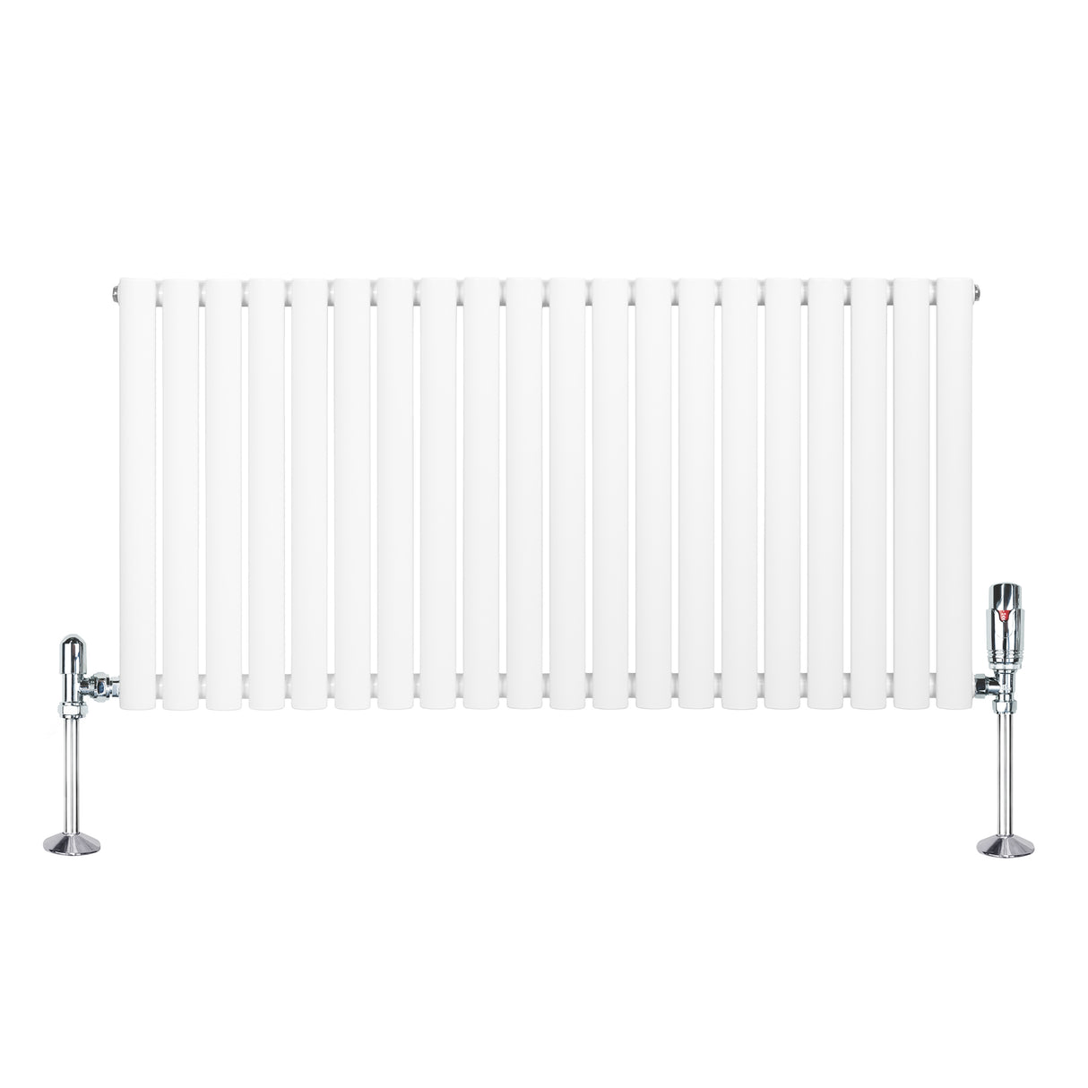 Radiatore orizzontale a colonna singola, 600 x 1200 mm, finitura bianca lucida con valvole cromate ai lati, design elegante e moderno