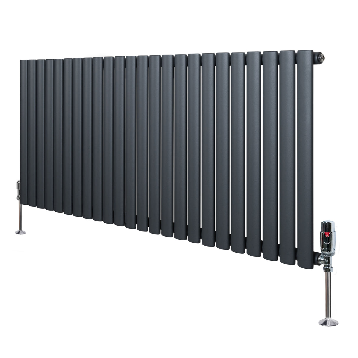 Radiatore orizzontale a colonna singola, 600 x 1440 mm, colore antracite, con finitura liscia e valvole in acciaio inox lucido