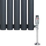 Radiatore ovale a colonna singola orizzontale antracite con finitura opaca e valvole cromate, dimensioni 600 x 1440 mm