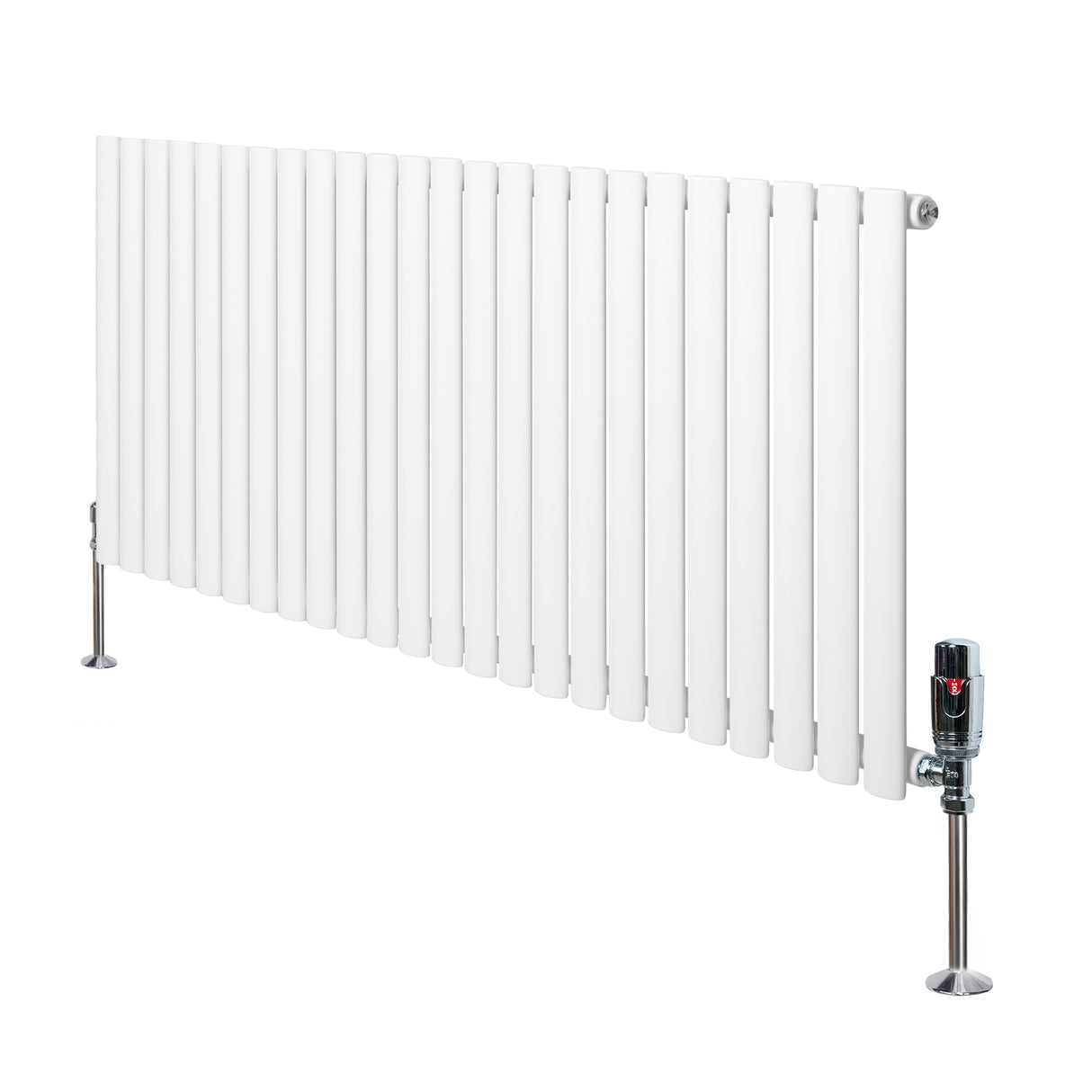 Radiatore ovale a colonna singola orizzontale bianco, con valvole, design elegante e linee pulite, misura 600 x 1440 mm