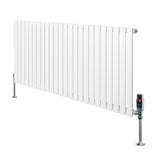 Radiatore ovale a colonna singola orizzontale bianco, con valvole, design elegante e linee pulite, misura 600 x 1440 mm