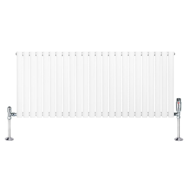 Radiatore ovale a colonna singola orizzontale bianco, con finitura liscia e valvole cromate, dimensioni 600 x 1440 mm
