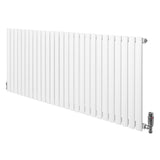 Radiatore ovale a colonna singola orizzontale bianco, con finitura liscia e valvole, dimensioni 600 x 1620 mm, design moderno e elegante