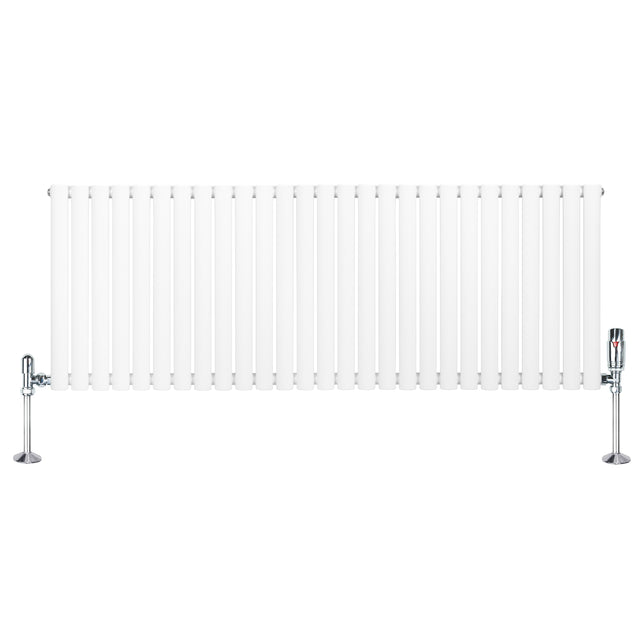 Radiatore ovale a colonna singola orizzontale bianco, con finitura liscia e valvole cromate, dimensioni 600 x 1620 mm