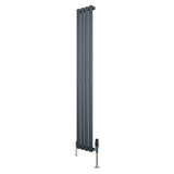 Radiatore ovale a colonna singola verticale antracite, dimensioni 1600 x 240 mm, con finitura liscia e valvole in metallo lucido