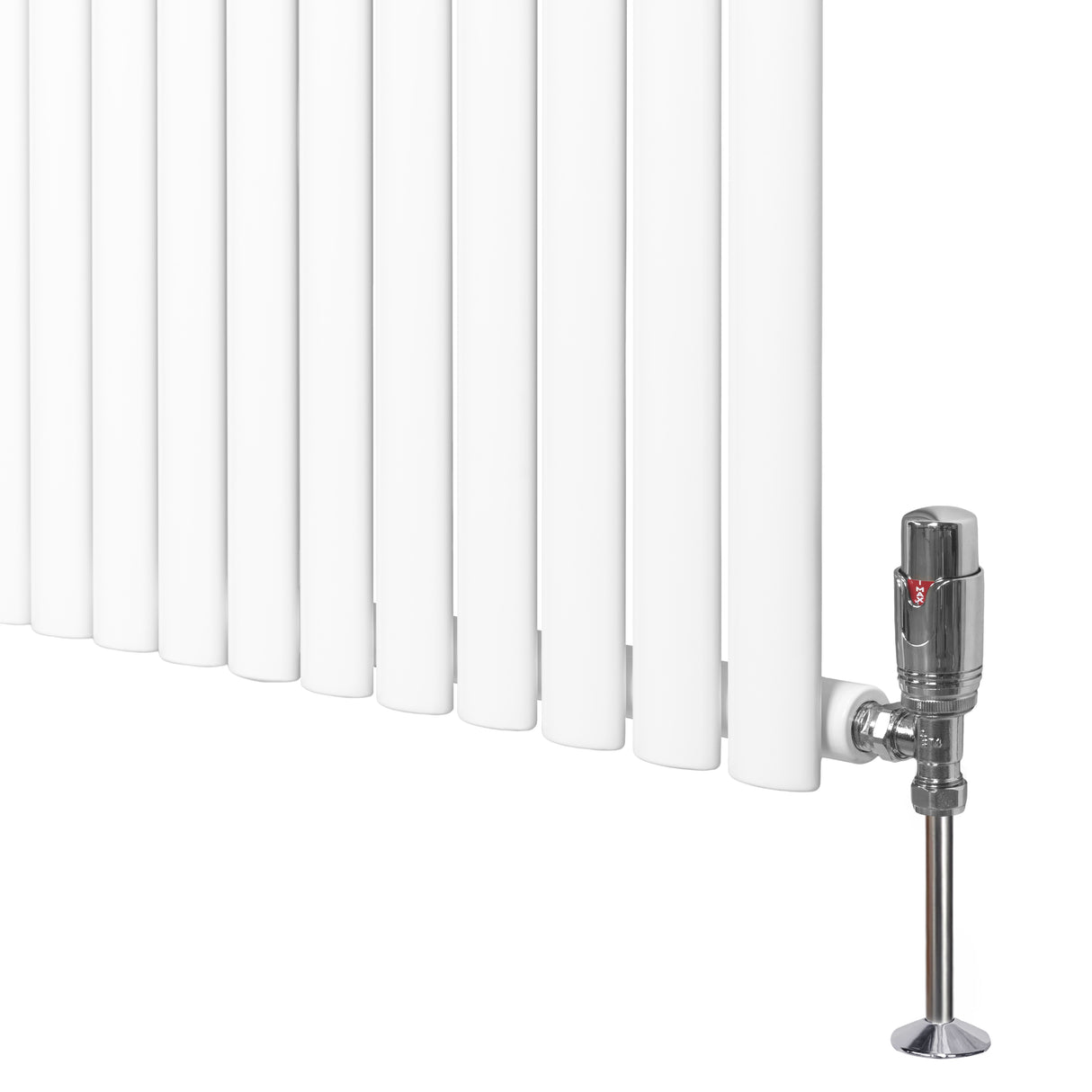 Radiatore ovale a colonna singola verticale bianco, con finitura liscia e valvole cromate, dimensioni 1600 x 240 mm
