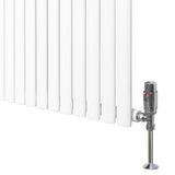 Radiatore ovale a colonna singola verticale bianco, con finitura liscia e valvole cromate, dimensioni 1600 x 240 mm
