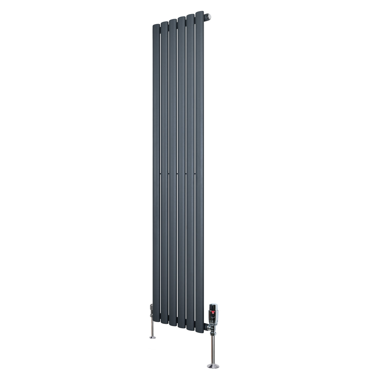 Radiatore verticale ovale a colonna singola, 1600 x 360 mm, colore antracite, con finitura liscia e valvole integrate