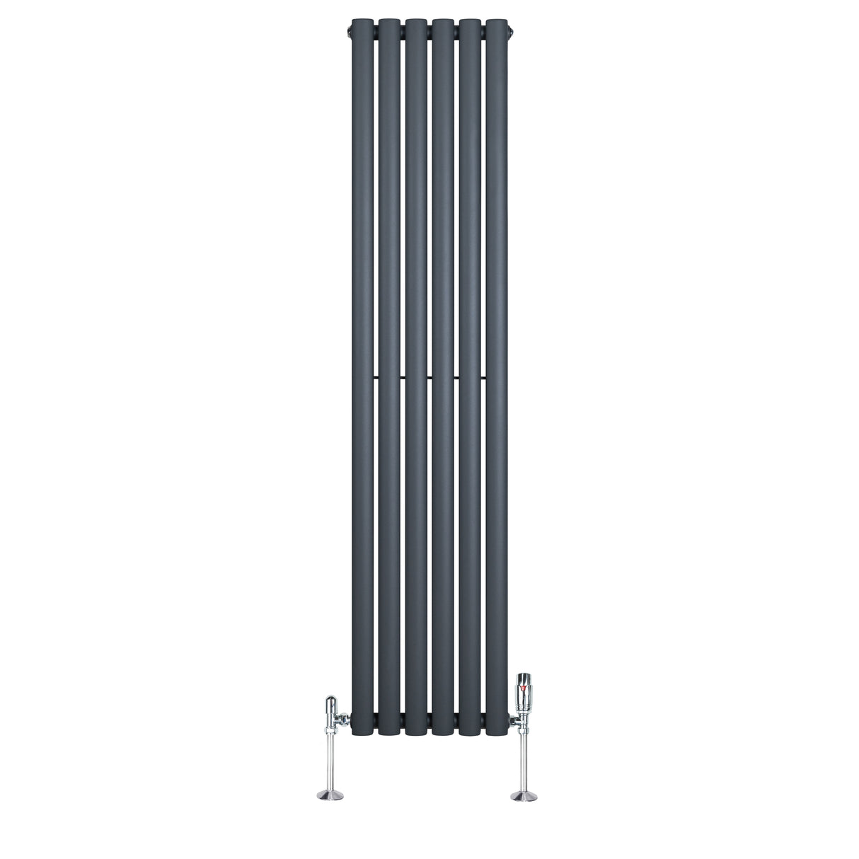 Radiatore ovale a colonna singola verticale antracite, dimensioni 1600 x 360 mm, con finitura liscia e valvole cromate