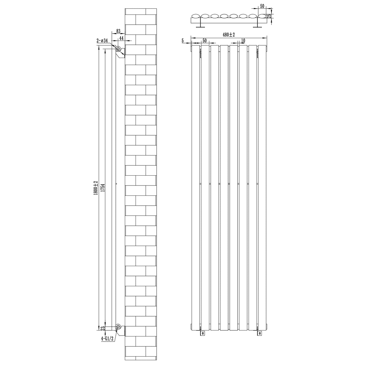 Radiatore Ovale a Colonna Singola Verticale con Valvole 1800 x 480 mm Nero