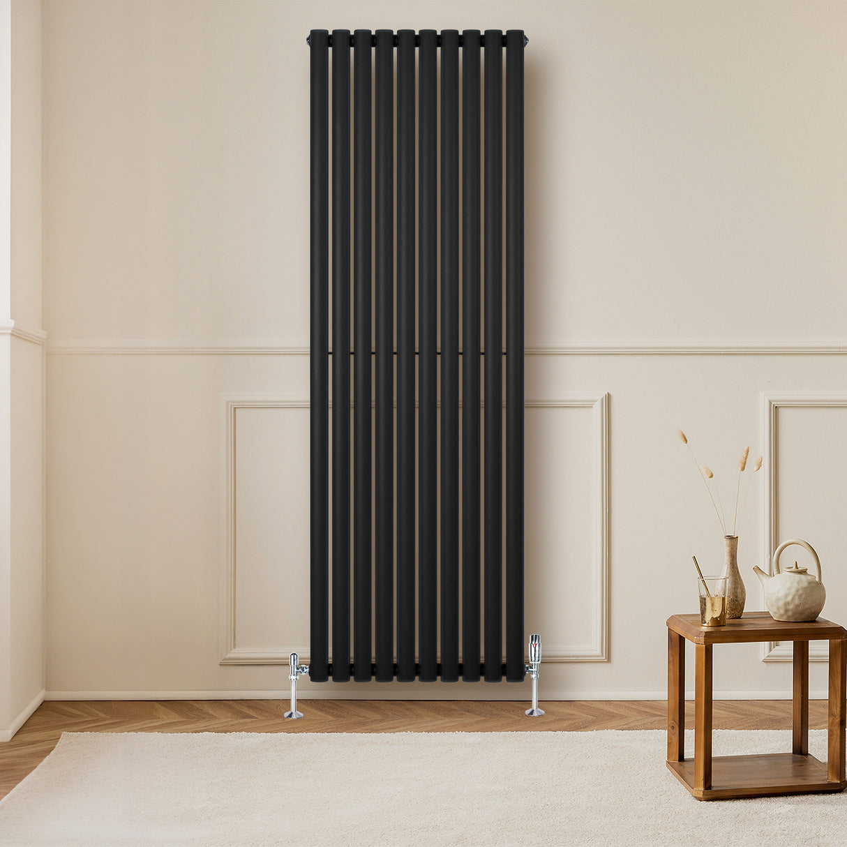 Radiatore Ovale a Colonna Singola Verticale con Valvole 1800 x 600 mm Nero