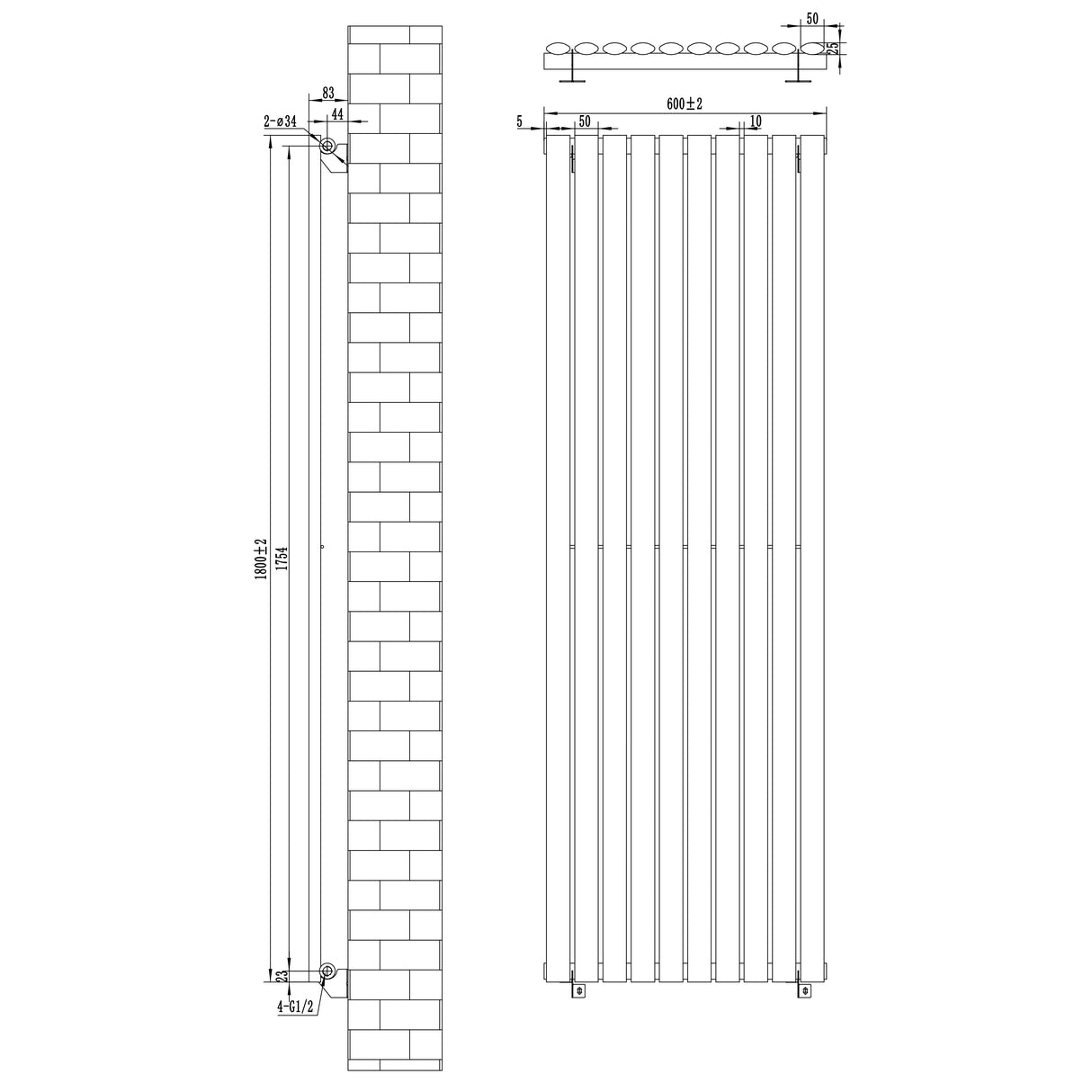 Radiatore Ovale a Colonna Singola Verticale con Valvole 1800 x 600 mm Nero