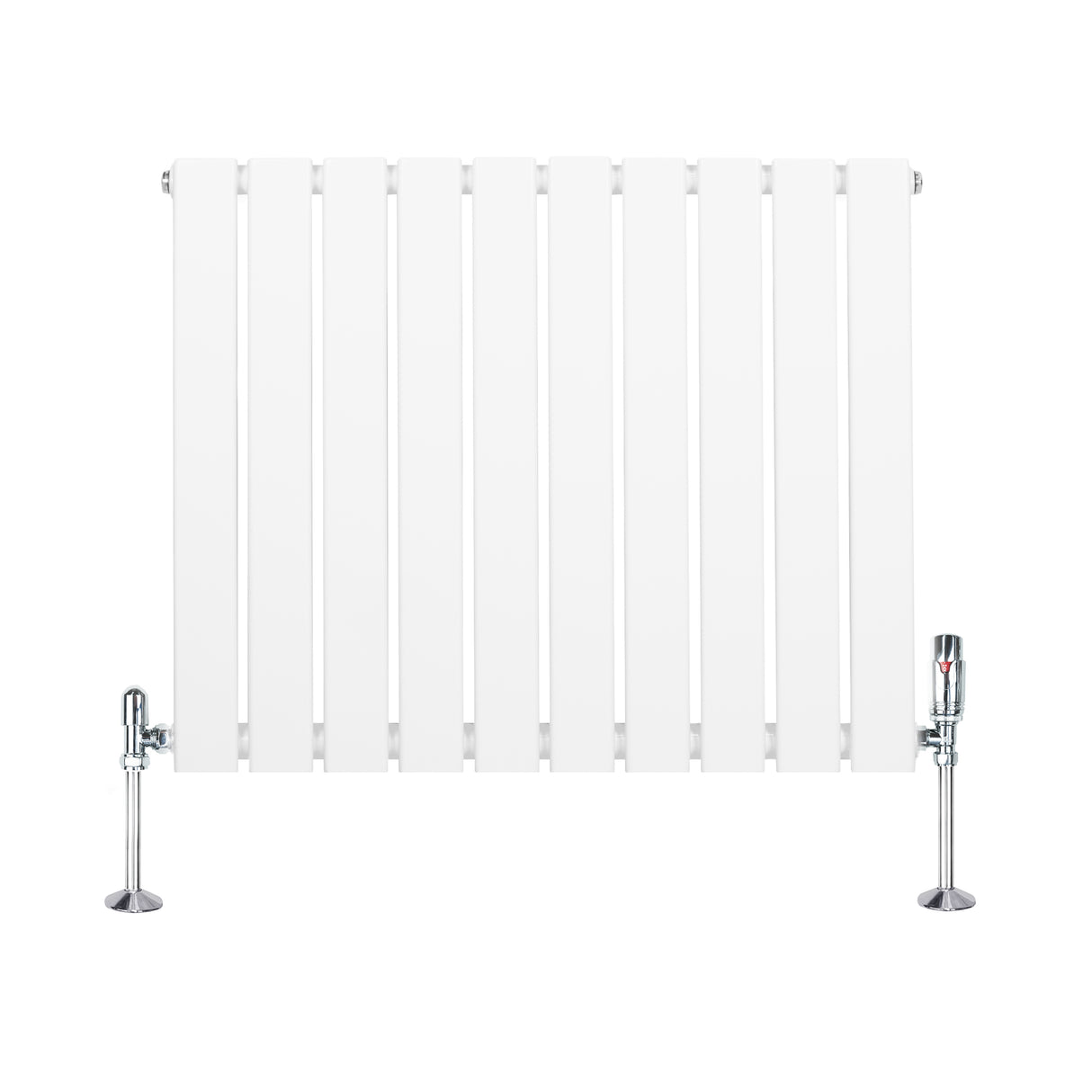 Radiatore piatto monocolonna bianco con finitura liscia e valvole cromate, dimensioni 600 x 700 mm, design moderno e minimalista