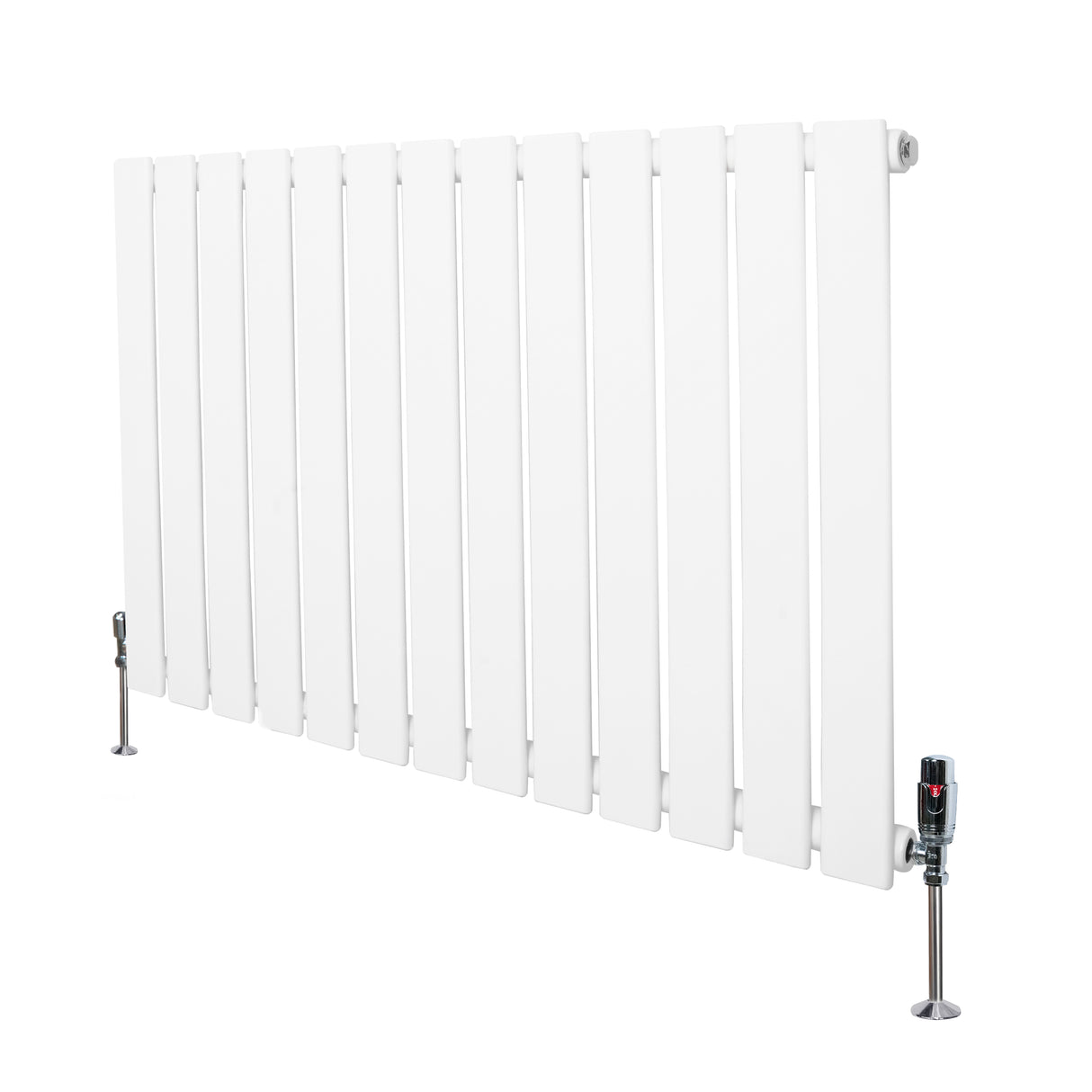 Radiatore piatto monocolonna bianco, design elegante con finitura liscia, dimensioni 600 x 910 mm, dotato di valvole moderne
