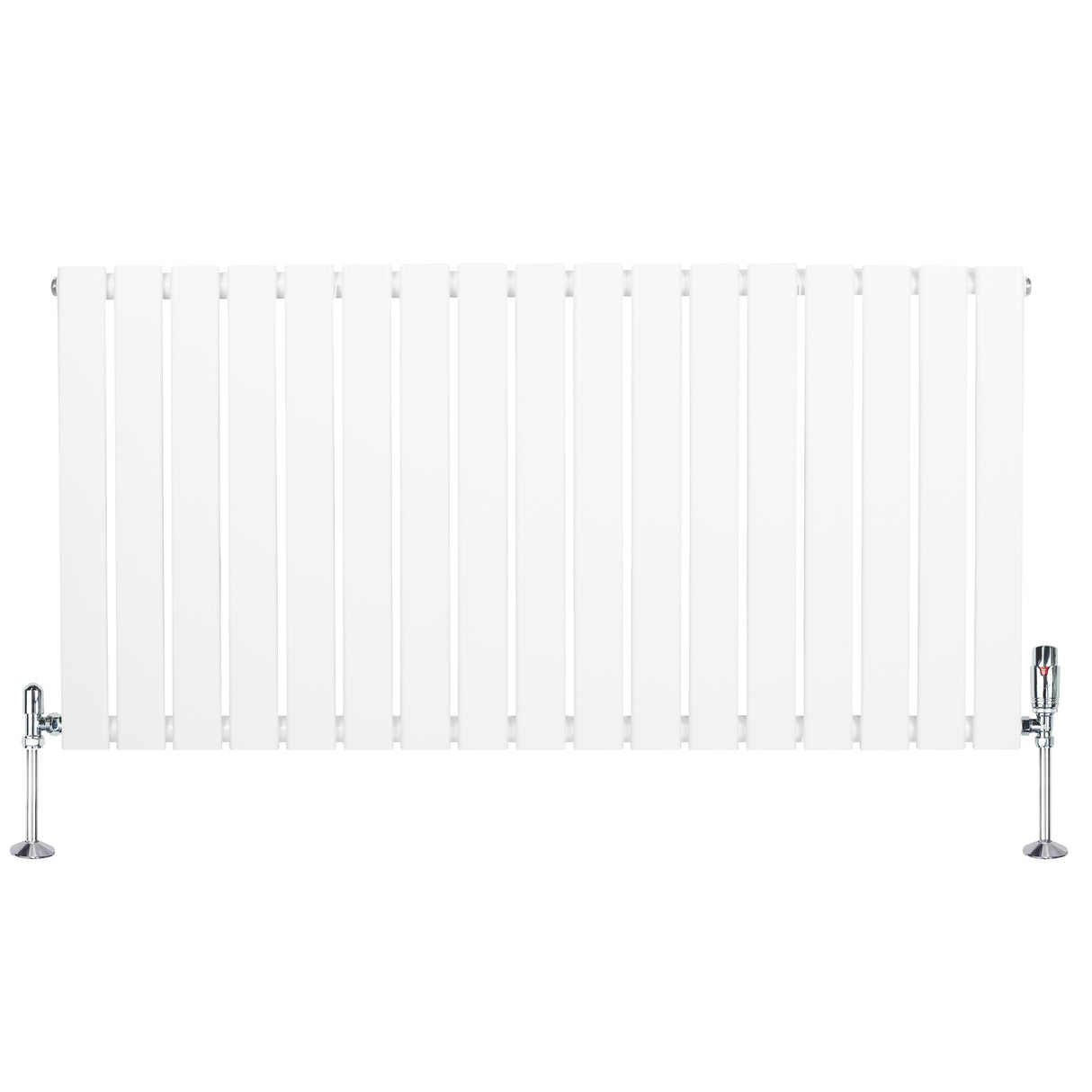 Radiatore piatto monocolonna bianco, dimensioni 600 x 1190 mm, con finitura liscia e valvole cromate ai lati per un design elegante