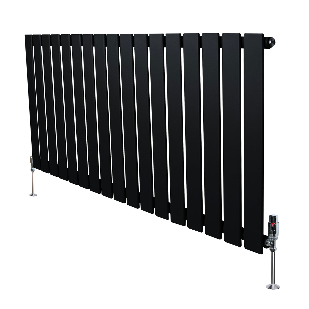 Radiatore piatto monocolonna nero, con finitura liscia, dimensioni 600 x 1190 mm, dotato di valvole e supporti metallici eleganti