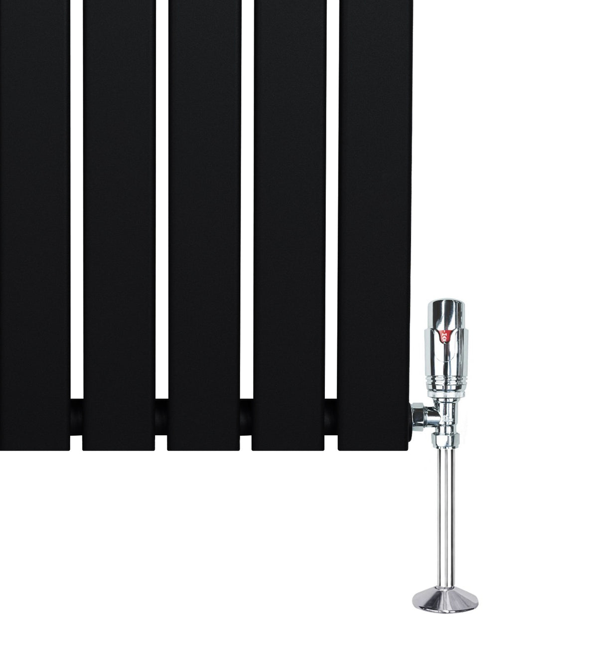 Radiatore piatto monocolonna nero con finitura liscia e valvole cromate, dimensioni 600 x 1190 mm, design moderno ed elegante