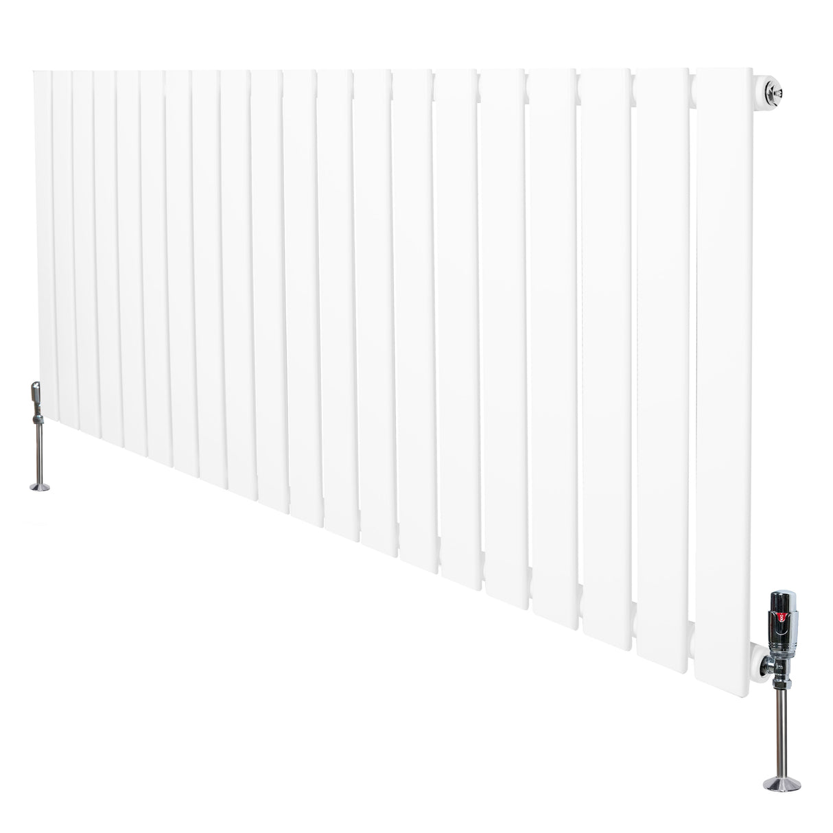 Radiatore piatto monocolonna bianco, 600 x 1400 mm, con finitura liscia e valvole moderne, ideale per ambienti eleganti e minimalisti