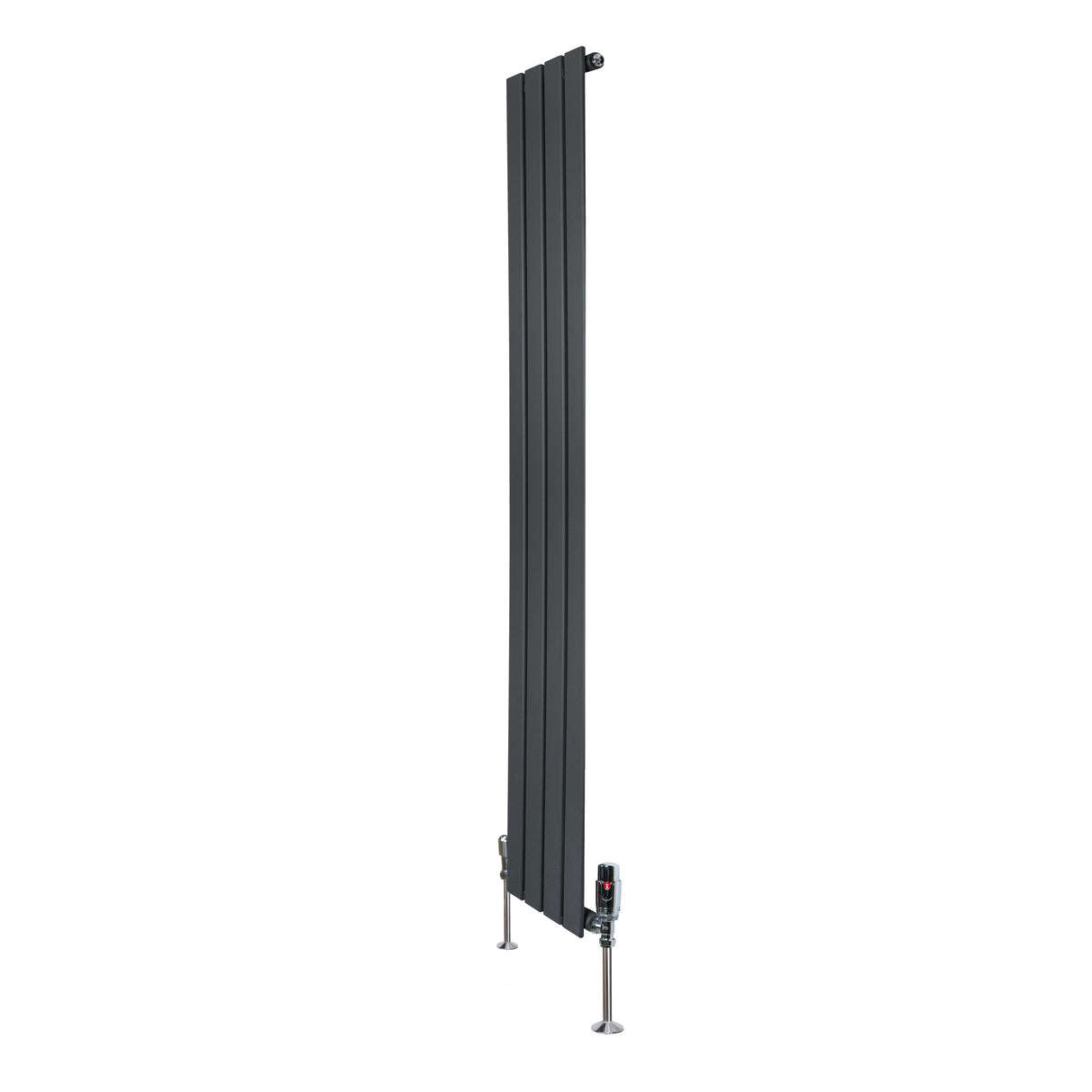 Radiatore piatto monocolonna grigio antracite, alto e stretto, con finitura liscia e valvole integrate per un design moderno ed elegante