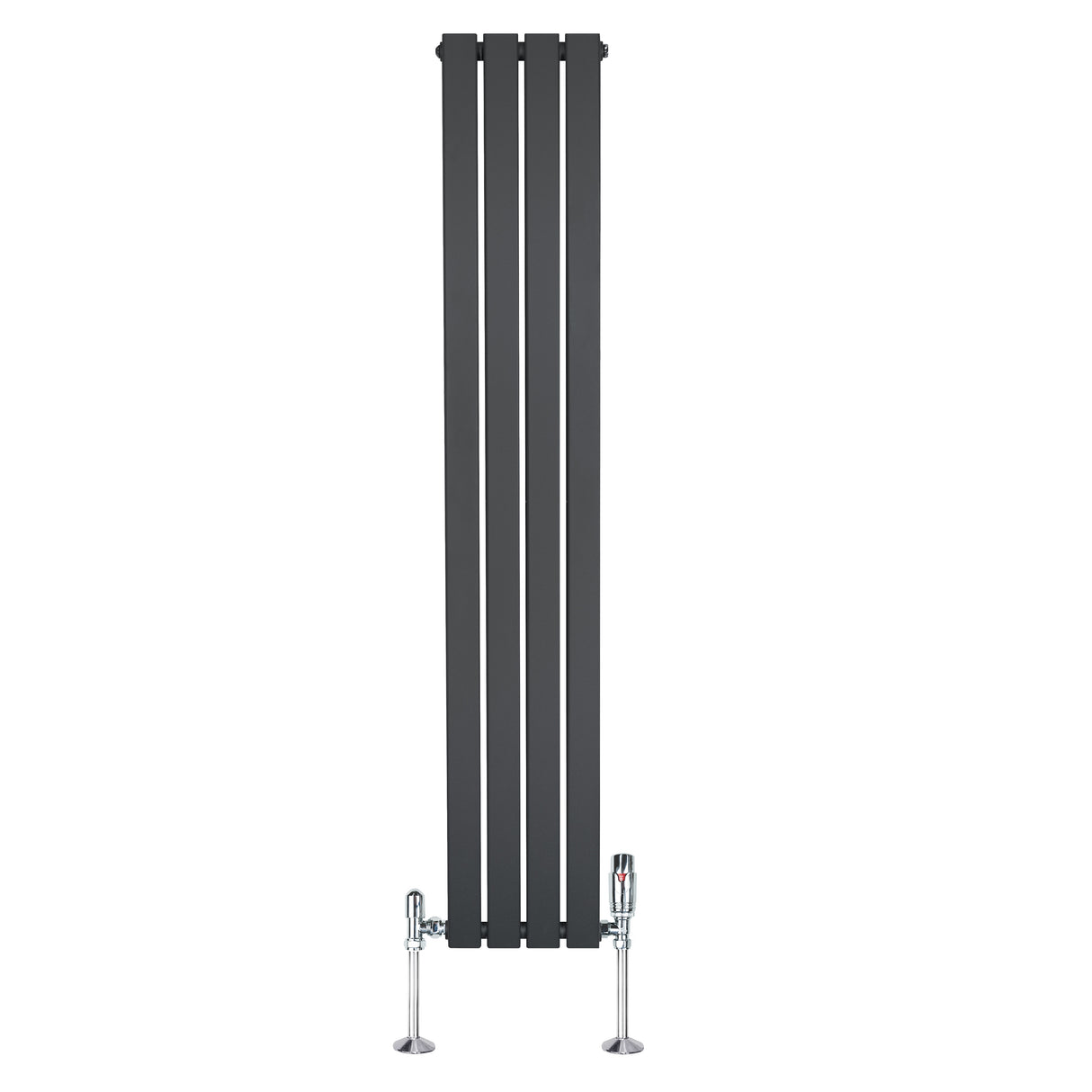 Radiatore piatto monocolonna grigio antracite, 1600 x 280 mm, con finitura liscia e valvole cromate, design moderno e elegante