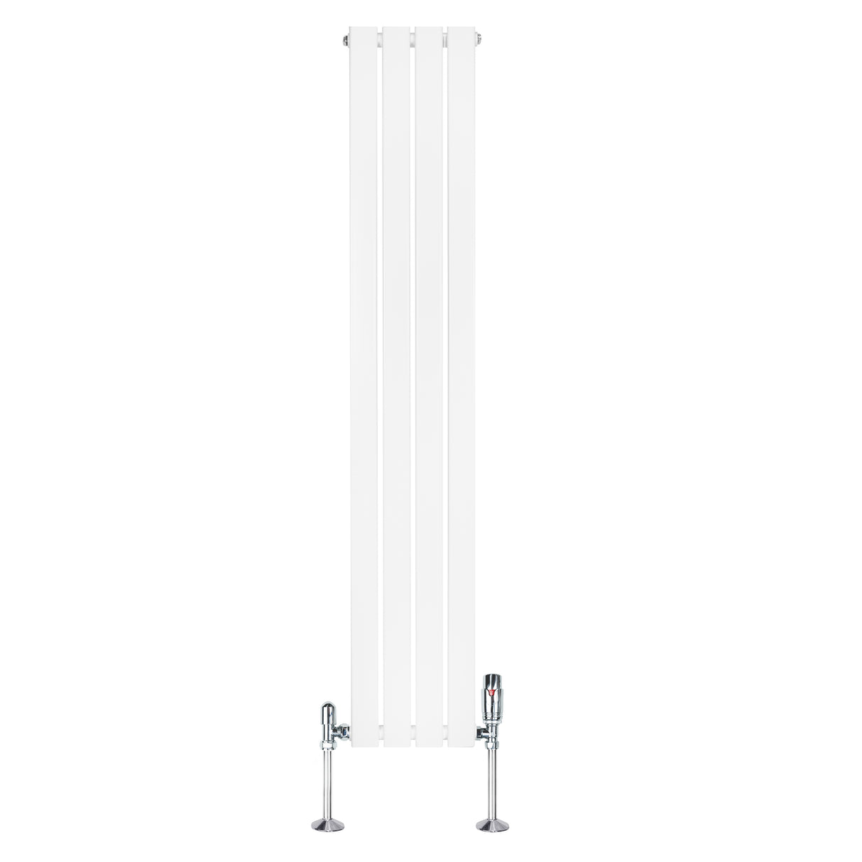 Radiatore piatto monocolonna bianco, 1600 x 280 mm, con finitura liscia e valvole cromate, ideale per spazi moderni
