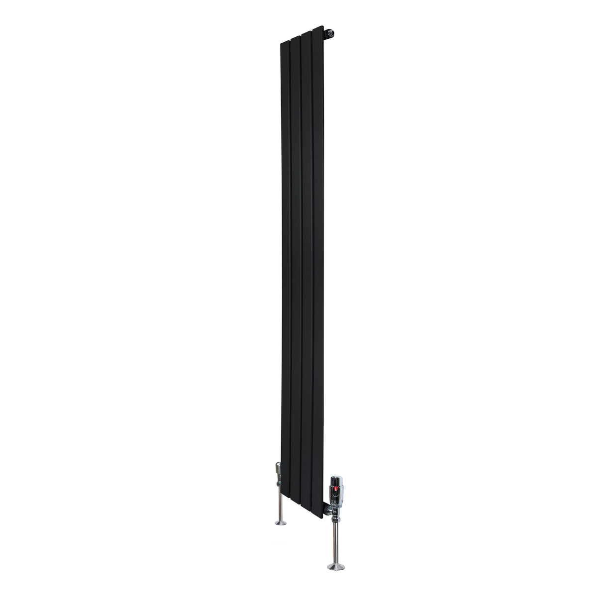Radiatore piatto monocolonna nero, dimensioni 1600 x 280 mm, con finitura liscia e valvole eleganti, ideale per spazi moderni