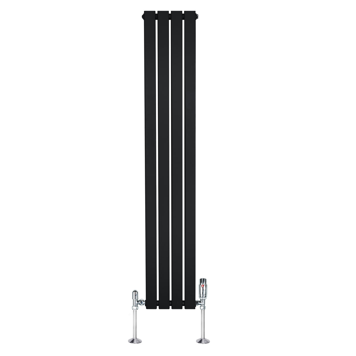 Radiatore piatto monocolonna nero, dimensioni 1600 x 280 mm, con finitura liscia e valvole cromate ai lati per un design moderno