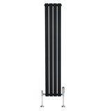 Radiatore piatto monocolonna nero, dimensioni 1600 x 280 mm, con finitura liscia e valvole cromate ai lati per un design moderno