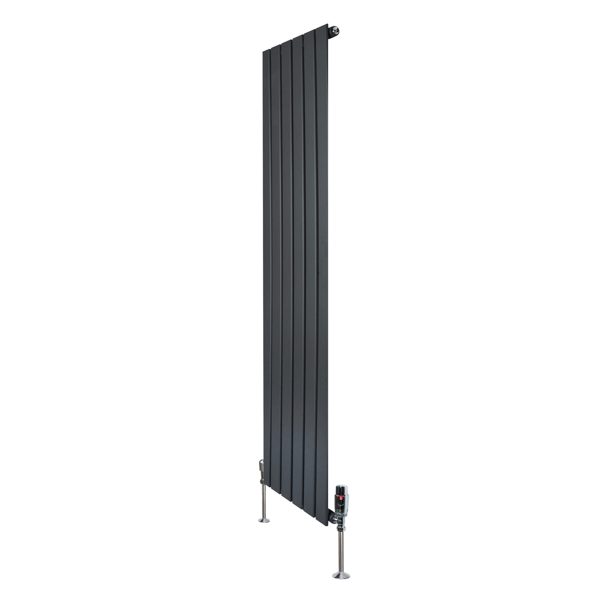 Radiatore piatto monocolonna grigio antracite, dimensioni 1600 x 420 mm, con finitura liscia e valvole integrate per un design moderno
