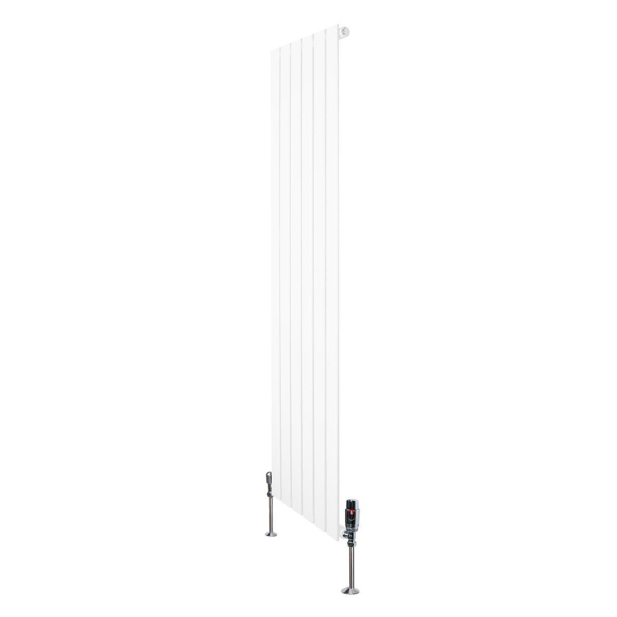 Radiatore piatto monocolonna bianco, dimensioni 1600 x 420 mm, con finitura liscia e valvole di regolazione in metallo lucido