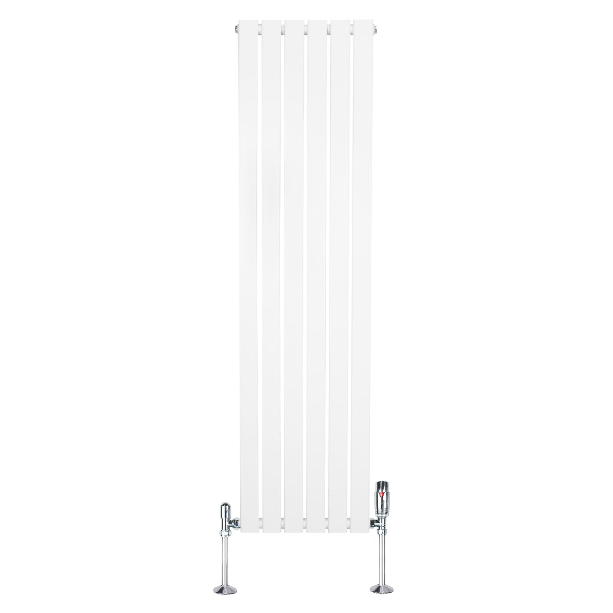 Radiatore piatto monocolonna bianco, altezza 1600 mm e larghezza 420 mm, con finitura liscia e valvole cromate ai lati