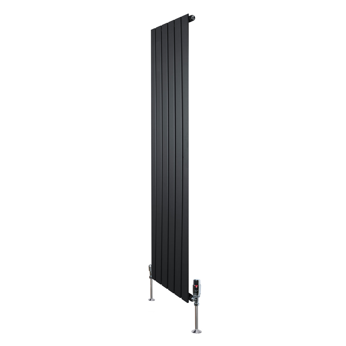 Radiatore piatto monocolonna nero, 1600 x 420 mm, con finitura liscia e valvole moderne, ideale per ambienti contemporanei