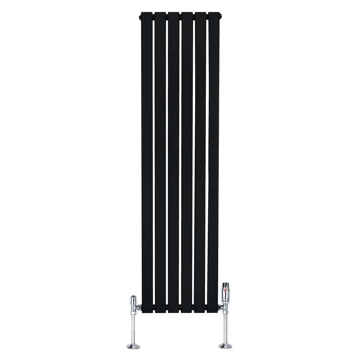Radiatore piatto monocolonna nero di 1600 x 420 mm con valvole, design elegante e linee verticali per un tocco moderno