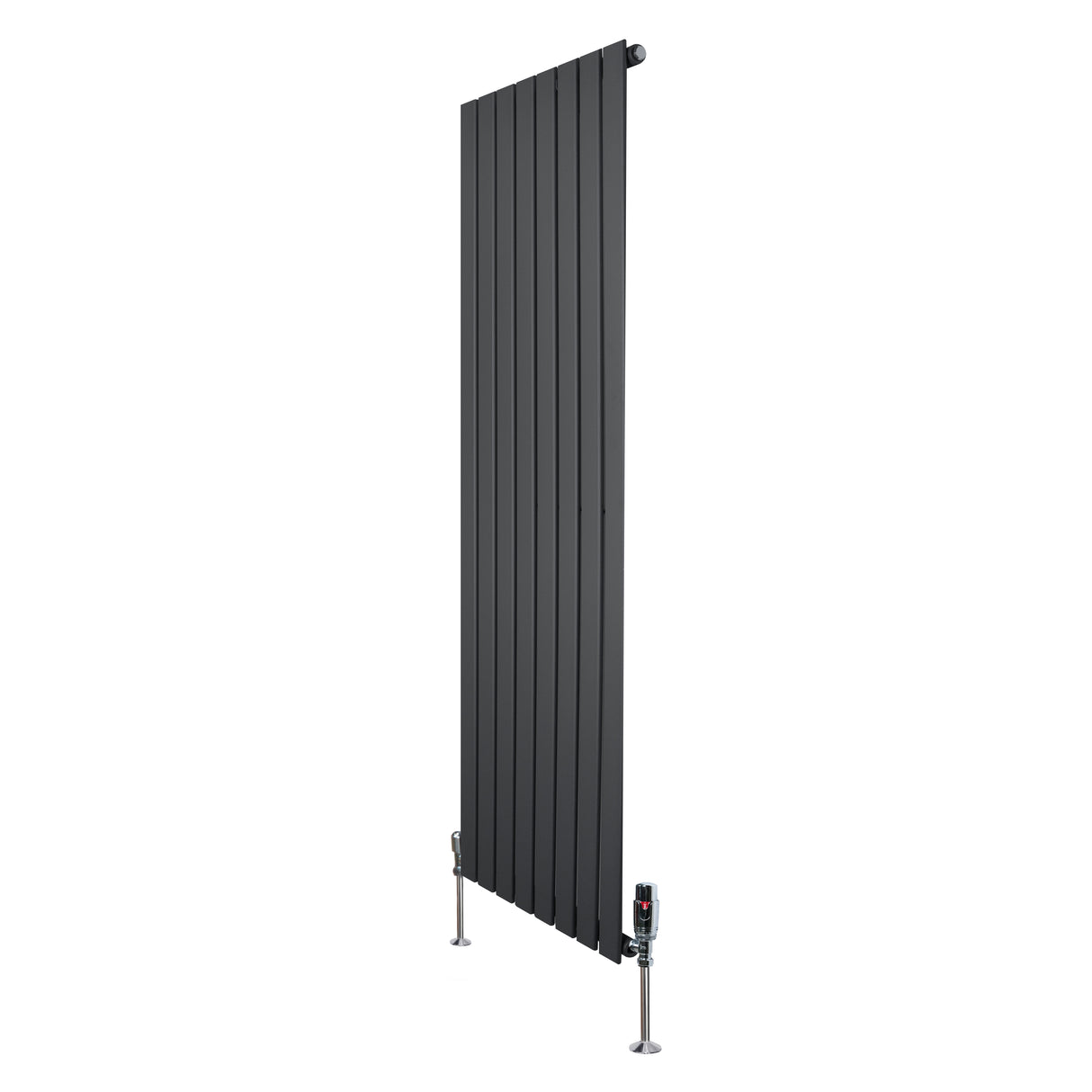 Radiatore piatto monocolonna grigio antracite, altezza 1600 mm e larghezza 560 mm, con finitura liscia e valvole integrate