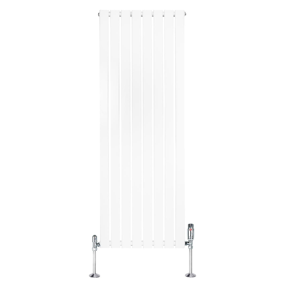 Radiatore piatto monocolonna bianco, 1600 x 560 mm, con finitura liscia e valvole cromate, ideale per riscaldare spazi moderni