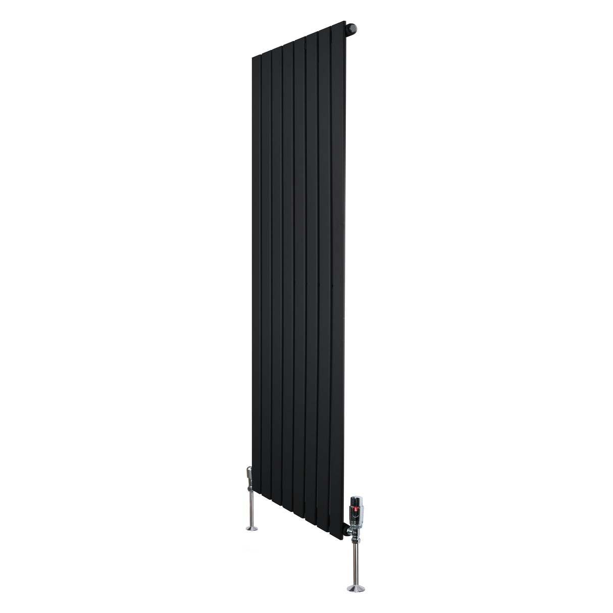 Radiatore piatto monocolonna nero, dimensioni 1600 x 560 mm, con finitura liscia e valvole eleganti, ideale per spazi moderni