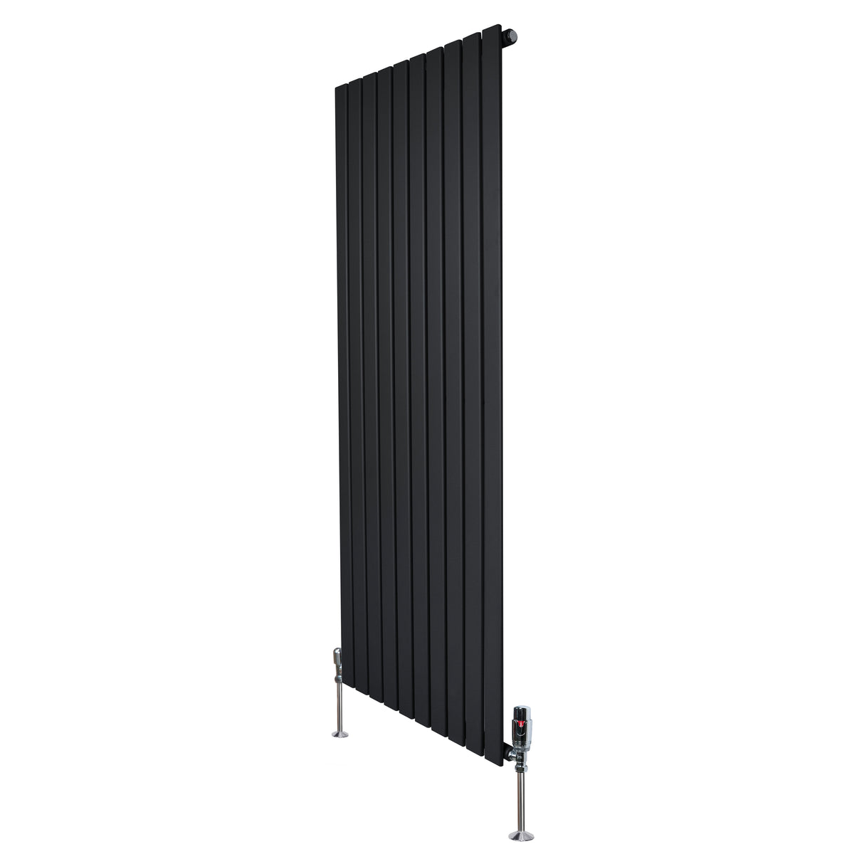 Radiatore piatto monocolonna nero, 1600 x 700 mm, con finitura liscia e valvole in metallo, design elegante e moderno