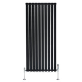 Radiatore piatto monocolonna nero, 1600 x 700 mm, con finitura liscia e valvole cromate, design elegante e moderno