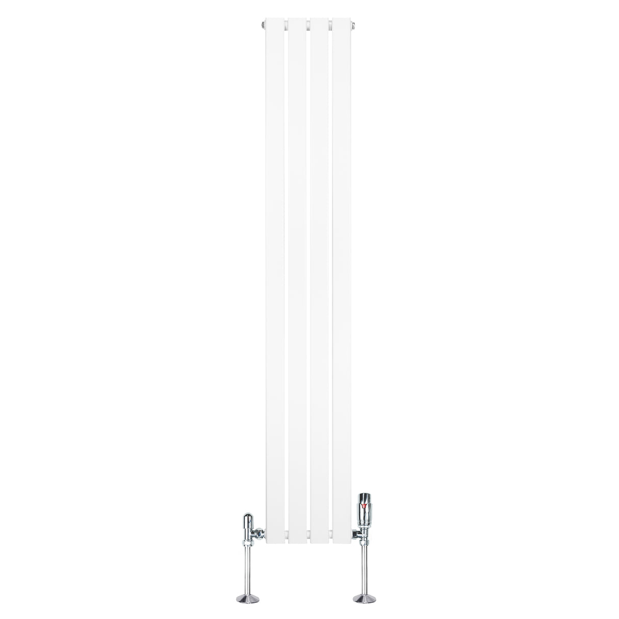Radiatore piatto monocolonna bianco, 1800 x 280 mm, con finitura liscia e valvole cromate, ideale per spazi moderni e minimalisti