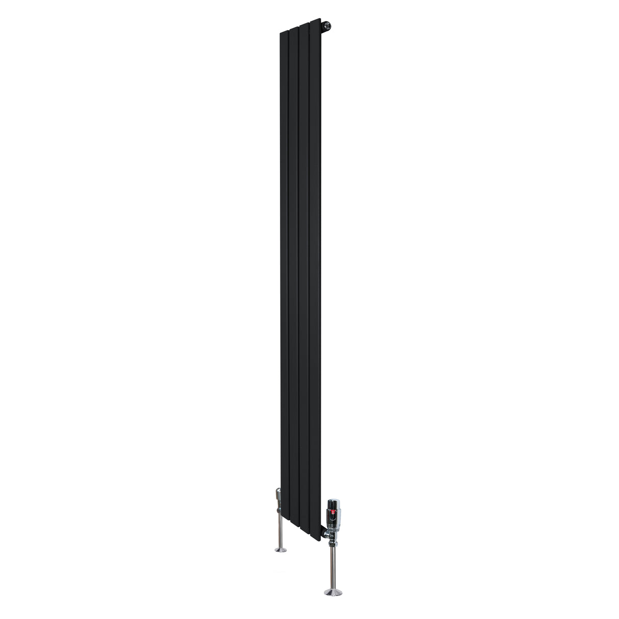 Radiatore piatto monocolonna nero, 1800 x 280 mm, con finitura liscia e valvole moderne, ideale per ambienti eleganti e contemporanei