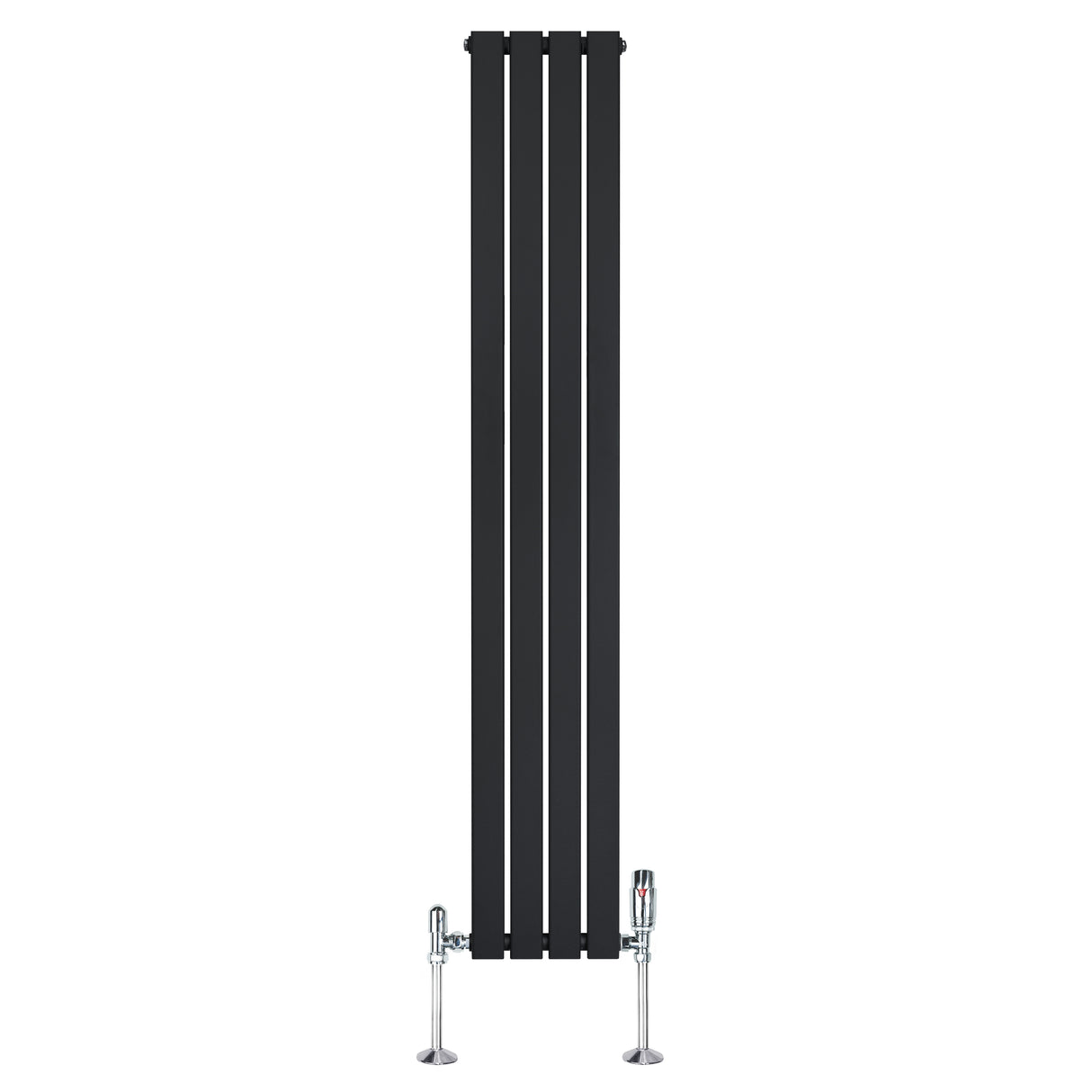 Radiatore piatto monocolonna nero, dimensioni 1800 x 280 mm, con finitura liscia e valvole cromate ai lati per un design moderno
