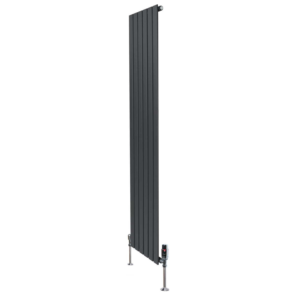 Radiatore piatto monocolonna grigio antracite, 1800 x 420 mm, con finitura liscia e valvole integrate per un design moderno ed elegante